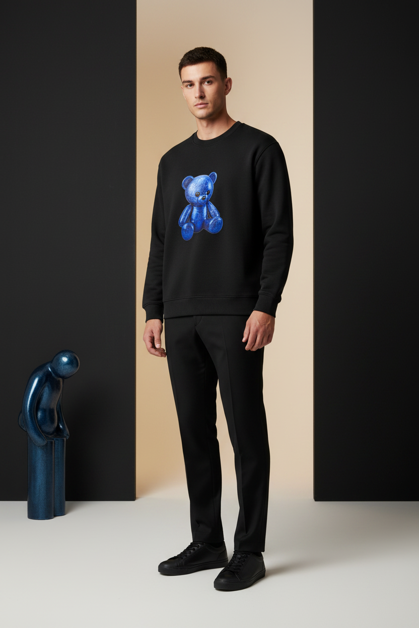 Male model wearing the DJB TEDDY heavyweight crewneck sweatshirt