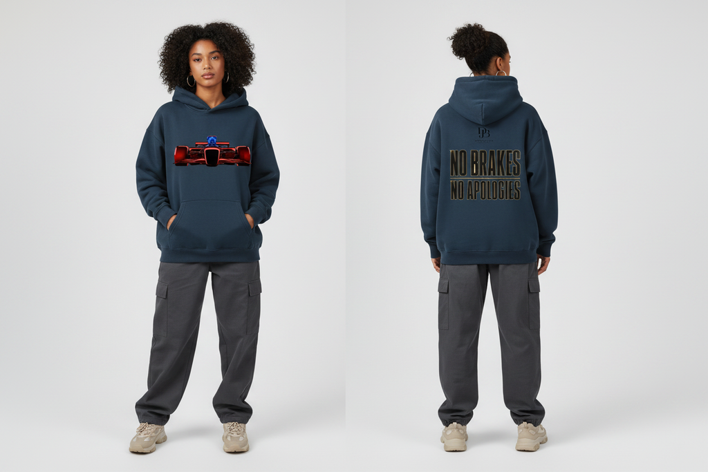 Woman wearing the RACECAR F1 TEADY Oversize Fleeced Hoodie, showing the front and back artwork.