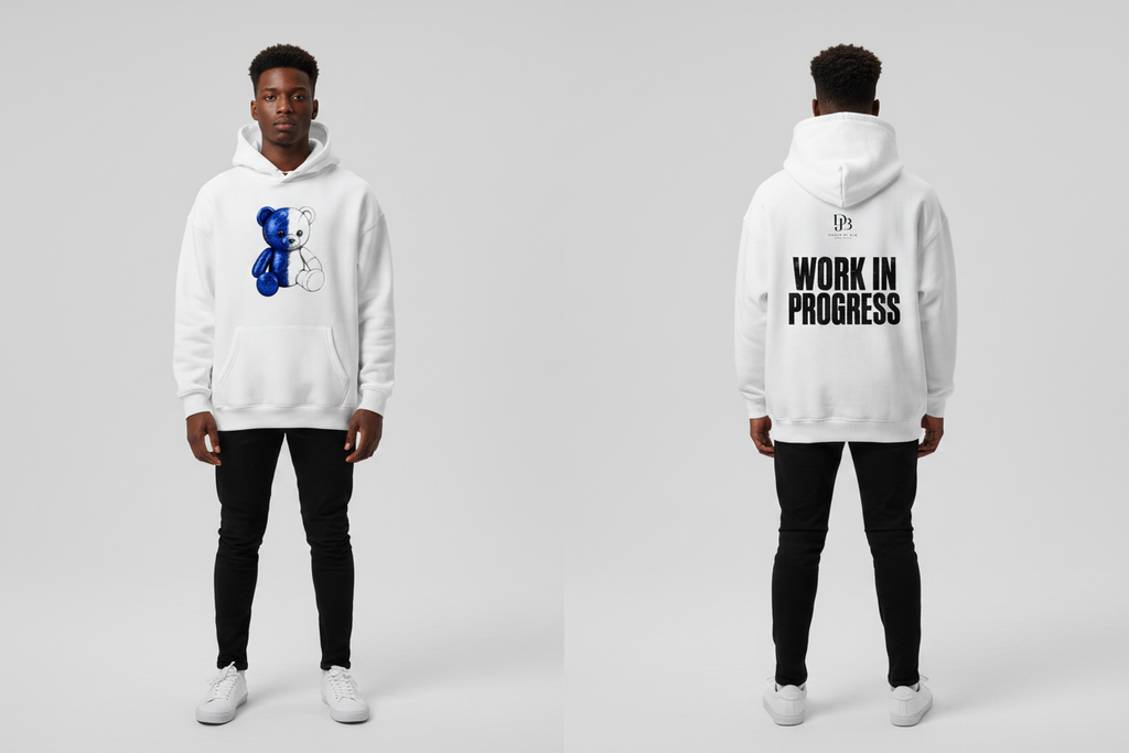 Man wearing the WIP Oversize Fleeced Hoodie, showing the front and back artwork.