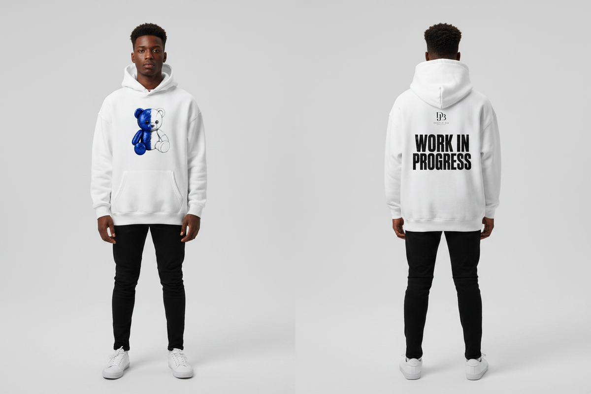 Man wearing the WIP Oversize Fleeced Hoodie, showing the front and back artwork.