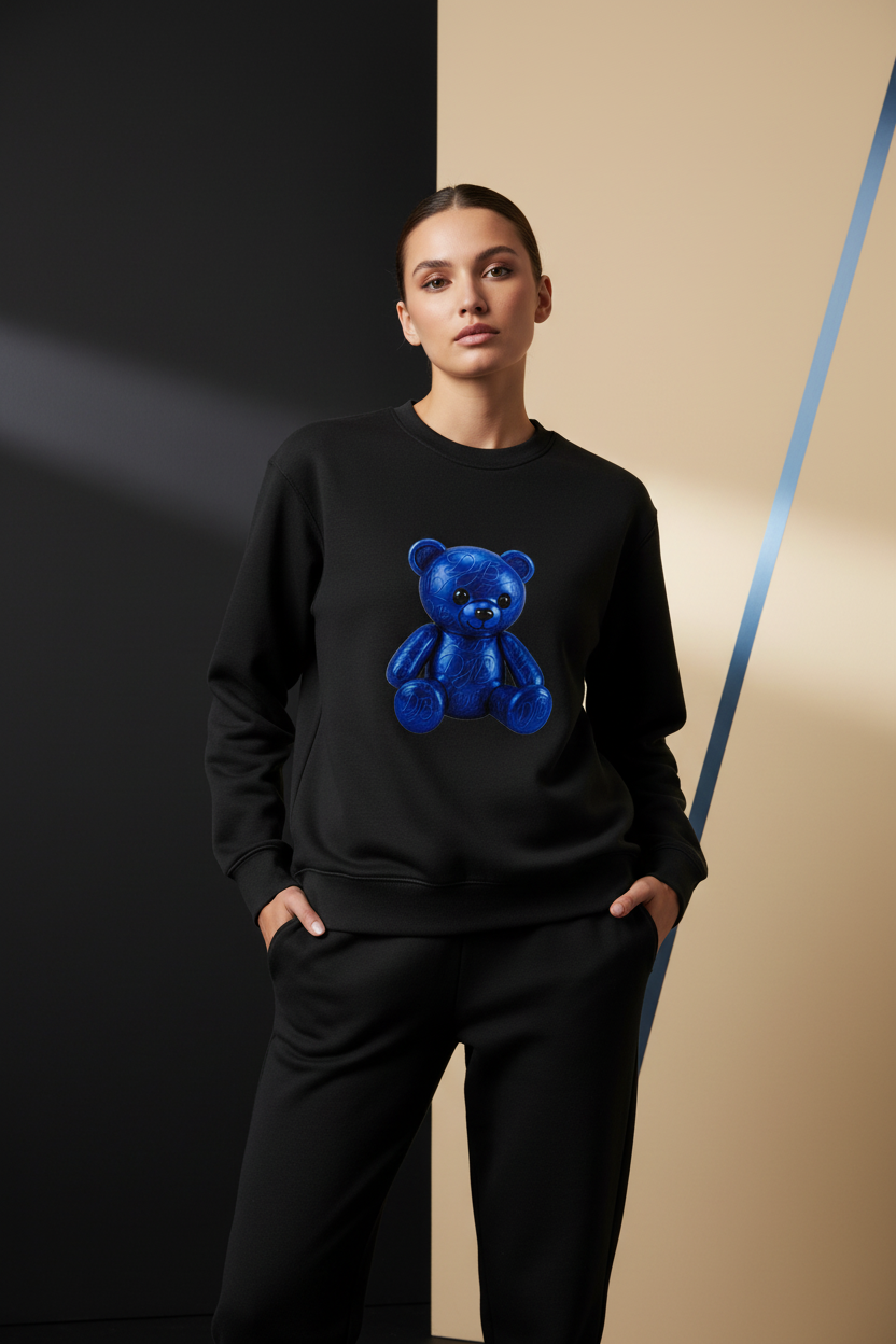Female model wearing the DJB TEDDY heavyweight crewneck sweatshirt