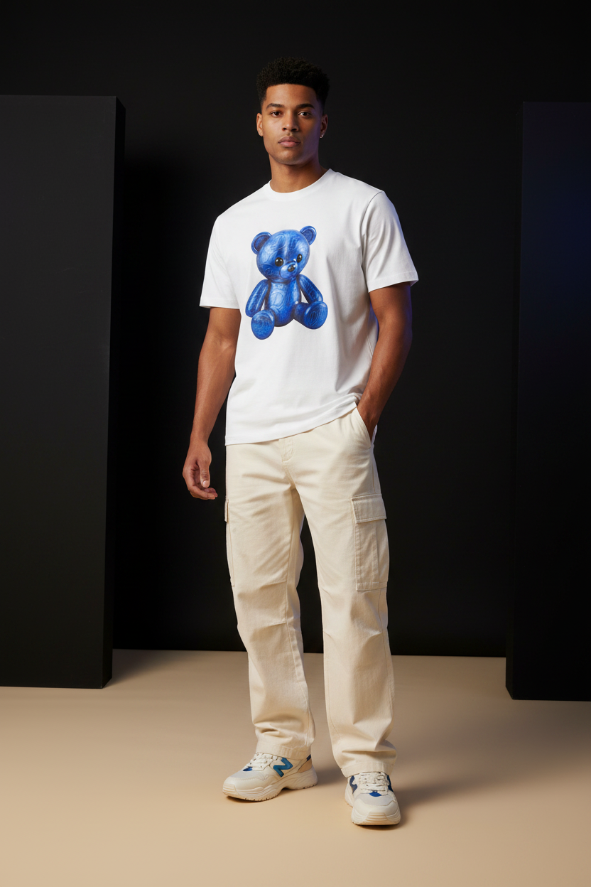 Male model wearing the DJB TEDDY oversized drop shoulder T-shirt