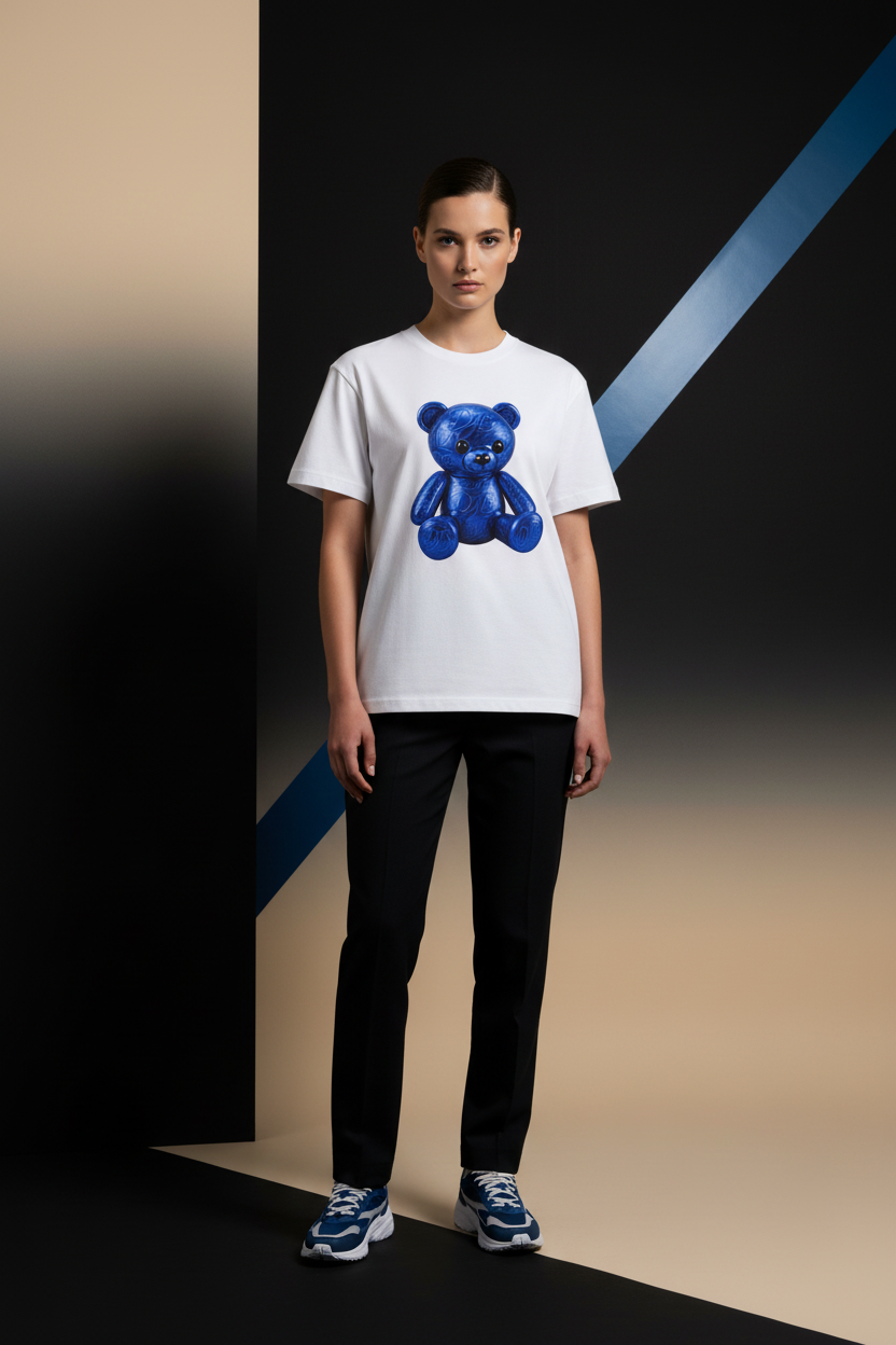 Female model wearing the DJB TEDDY oversized drop shoulder T-shirt