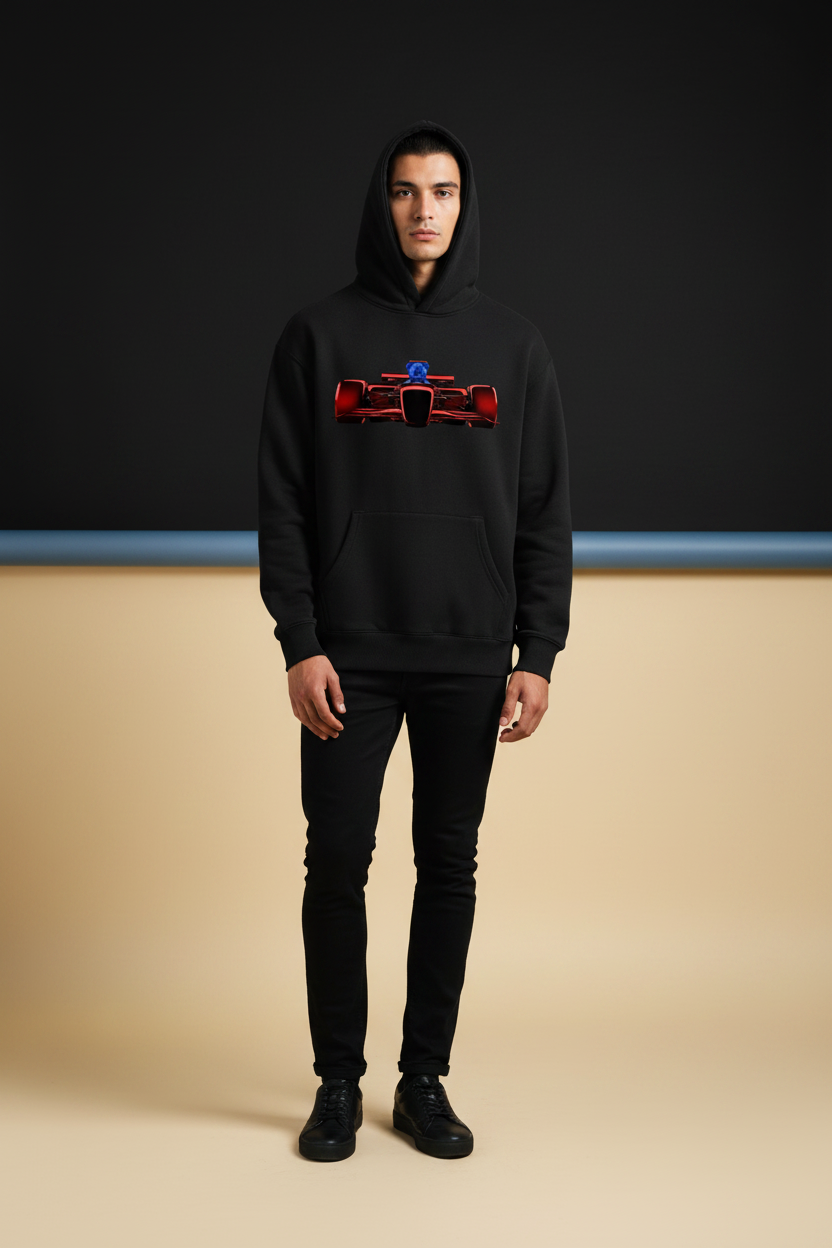 Model wearing the RACECAR F1 TEADY oversized fleeced hoodie
