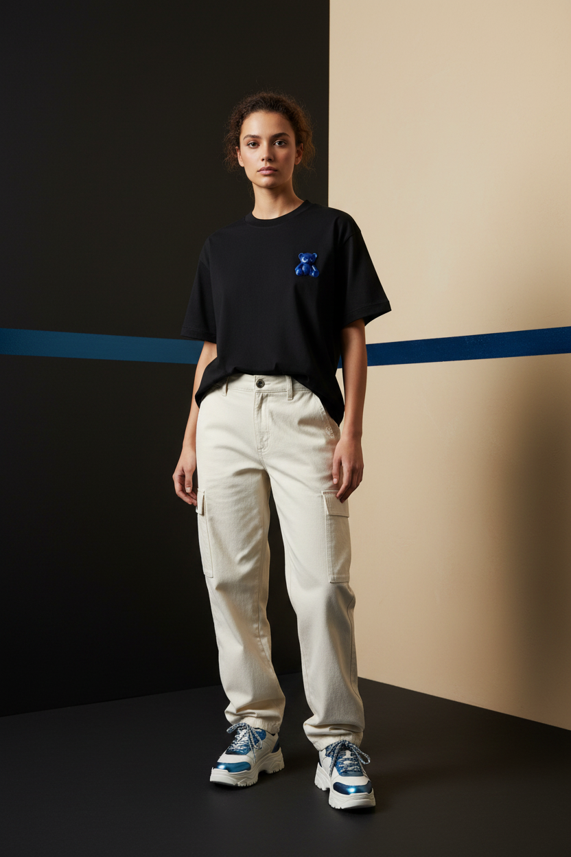 Female model wearing the DJB TEADY cotton T-shirt