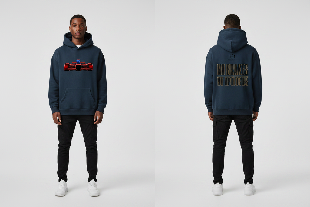 Man wearing the RACECAR F1 TEADY Oversize Fleeced Hoodie, showing the front and back artwork.