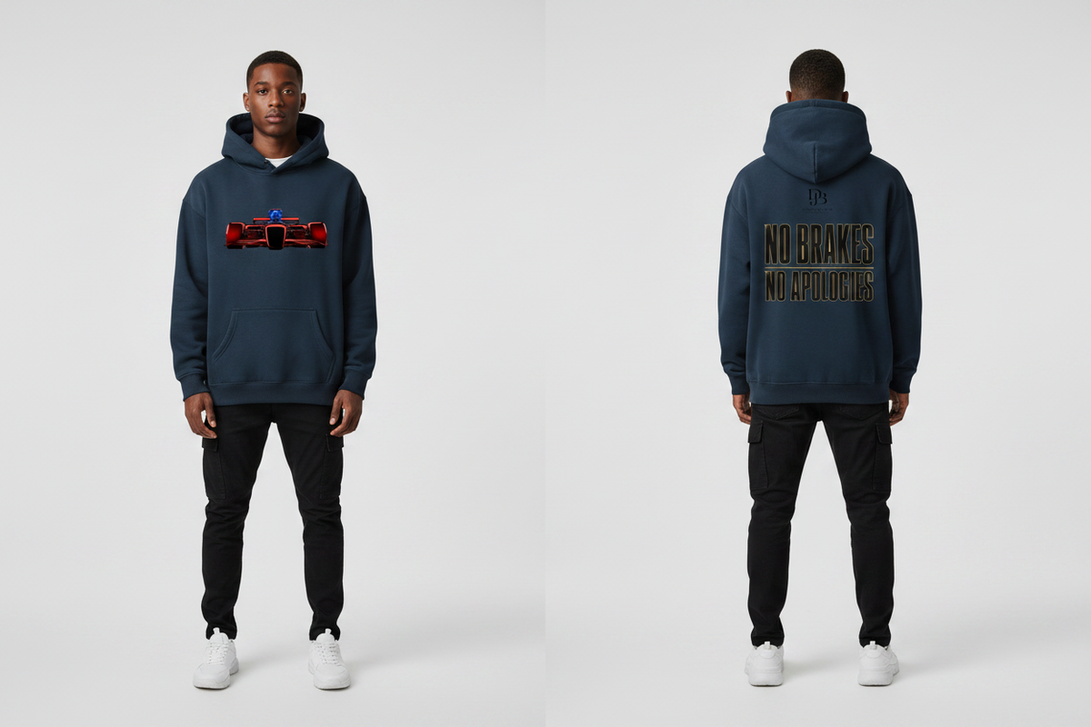 Man wearing the RACECAR F1 TEADY Oversize Fleeced Hoodie, showing the front and back artwork.