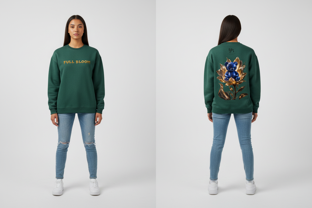 Female model wearing the Bloom Fleeced Sweatshirt, showing the front and back print