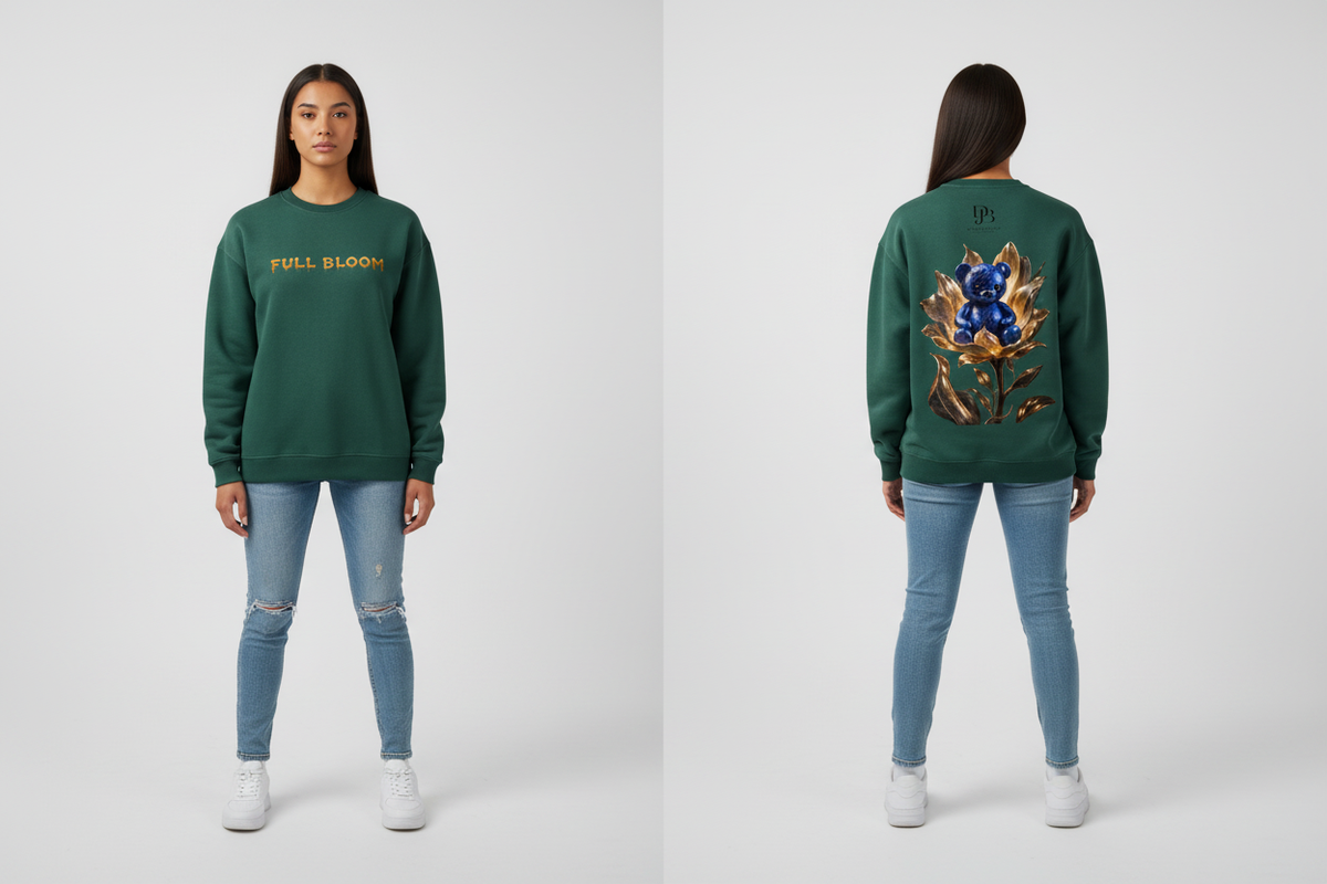 Female model wearing the Bloom Fleeced Sweatshirt, showing the front and back print
